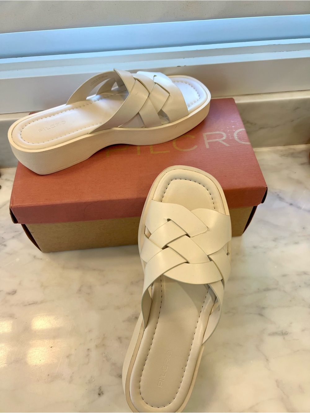 Pilcro Woven Platform Slide Sandals in Cream